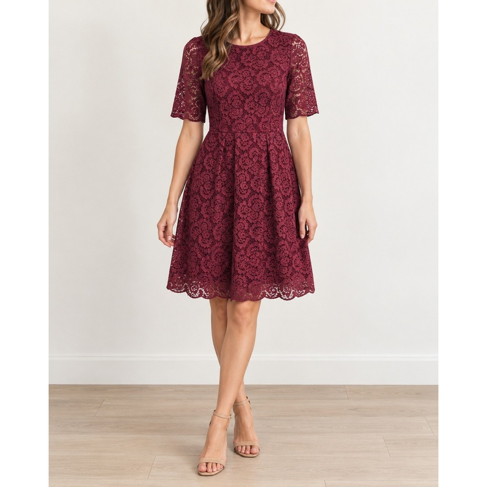 Madewell Burgundy Wine Floral Lace Short Sleeve Fit & Flare Dress E5106 6